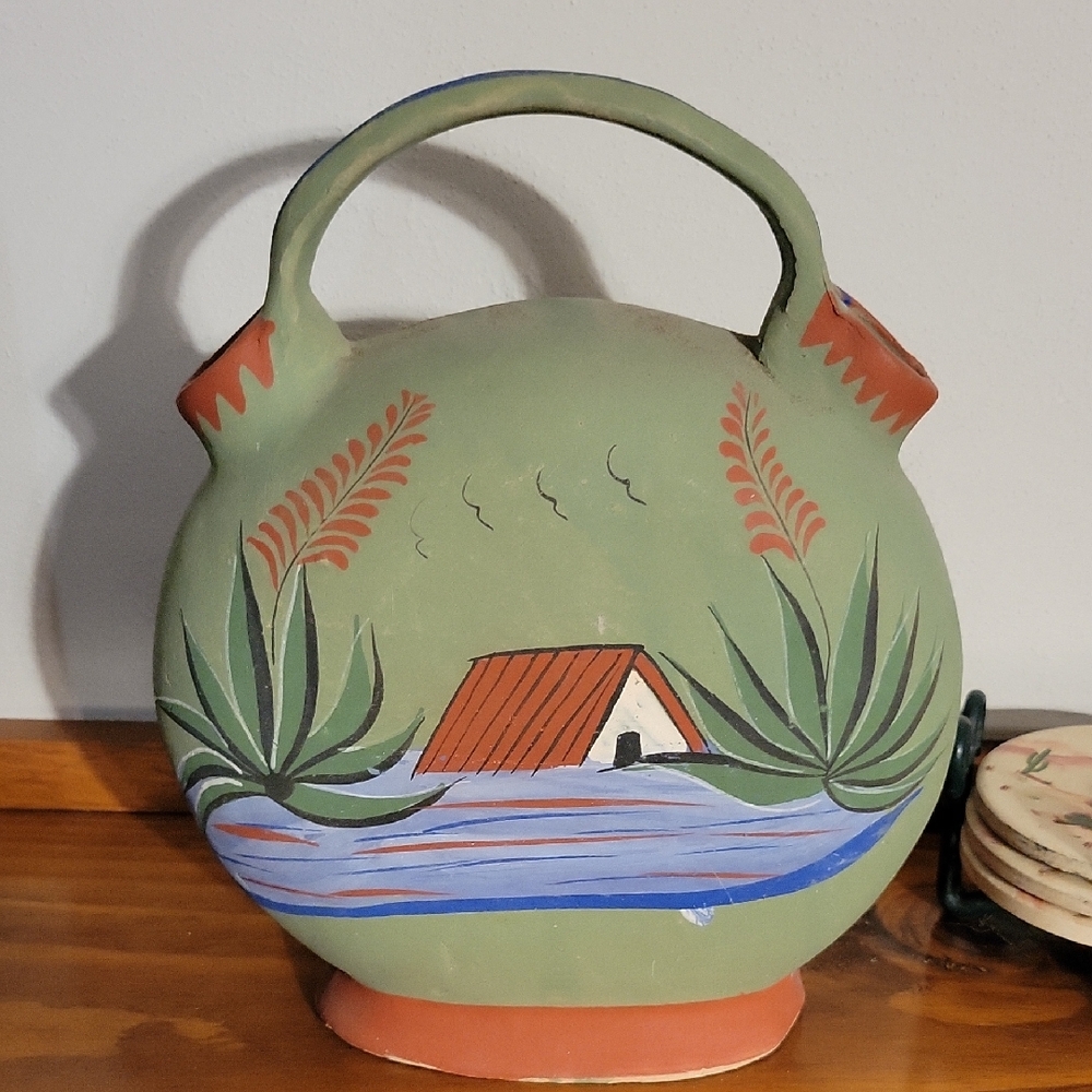 Vtg Mexican Folk Art Wedding Vase | Hand Painted Terracotta Jarra
